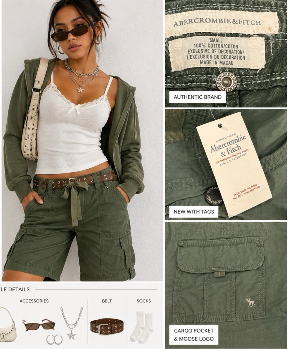 NWT Y2K Indie Sleaze Military 2000s A&F low-rise Cargo Shorts Small Olive Green